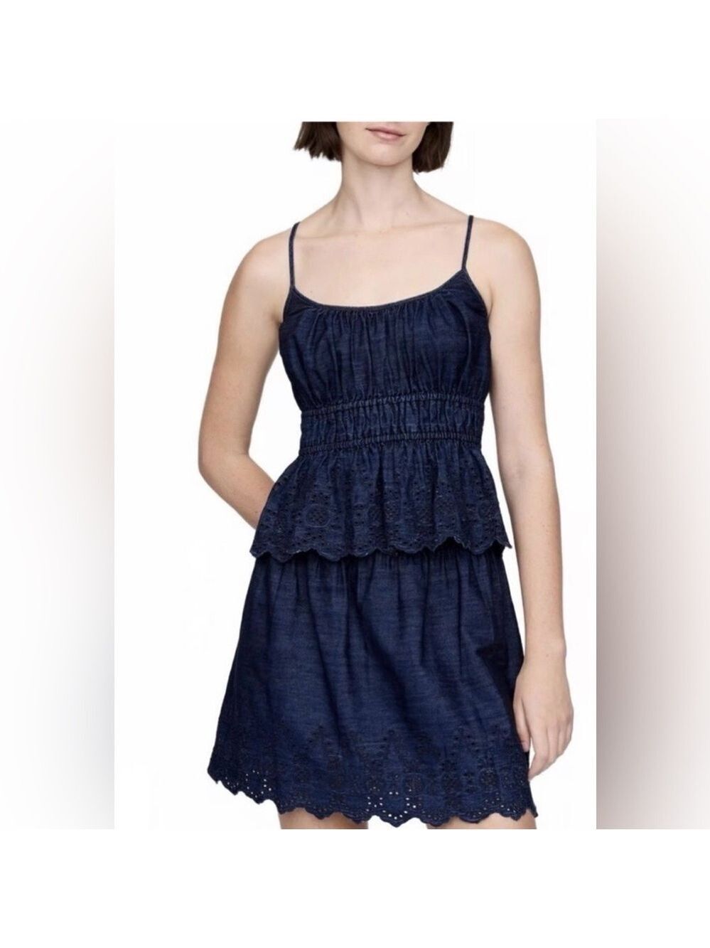 Gap Eyelet Smocked Dark Wash Denim Chambray Mini Skirt NWT M Summer Spring NEW
